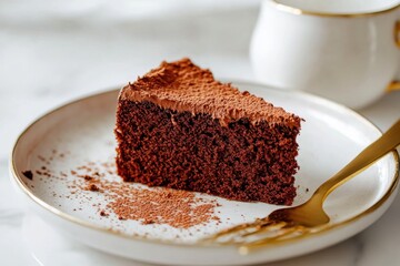 Indulgent rich chocolate cake served on a ceramic plate with elegant golden fork