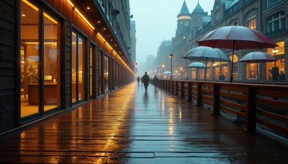 Rainy Evening Stroll Through City Promenade