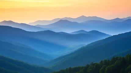 Fototapeta premium Serene Blue Mountains Sunset Landscape Panorama