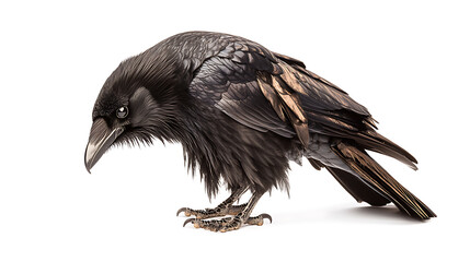 Fototapeta premium A watchful raven, feathers detailed in shades of black and gold, perches against a clean white backdrop.