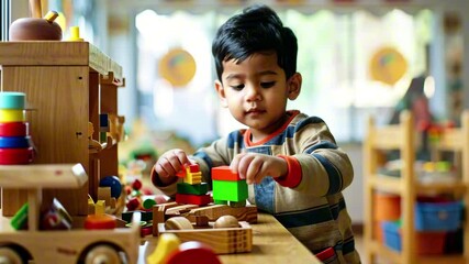 Young Indian or Pakistani child engaged in creative play with colorful building blocks in a bright classroom environment of modern daycare center or kindergarten.