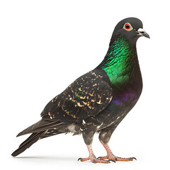 Naklejka premium Pigeon standing, displaying iridescent green and purple neck feathers against a stark white background.