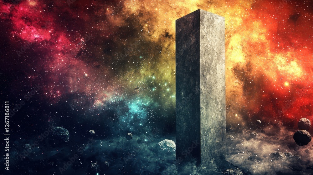 Poster a mysterious alien monolith floating near an asteroid belt in space.