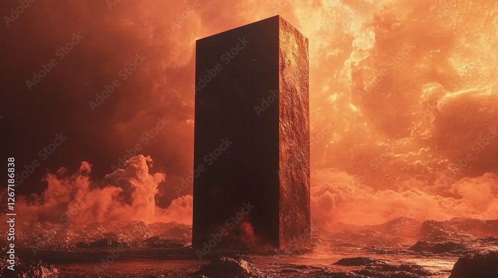 Poster a mysterious alien monolith floating near an asteroid belt in space.