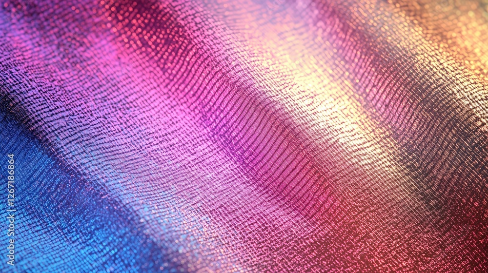Poster Shimmering Rainbow Fabric: A mesmerizing abstract background texture featuring iridescent, multicolored fabric with a flowing, rippling effect, capturing the interplay of light and color. 