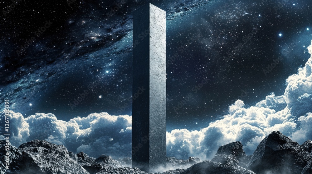 Poster a mysterious alien monolith floating near an asteroid belt in space.