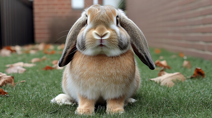 A charming lop-eared rabbit sits attentively on green grass amidst scattered autumn leaves, framed by a brick building.