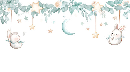 Watercolor illustration of a moon, stars, eucalyptus, and bunny rabbits on swings, creating a whimsical, dreamy scene.