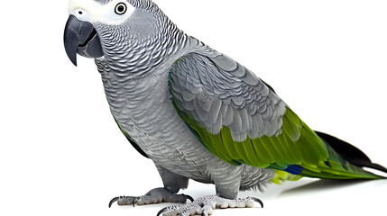 Fototapeta premium A gray parrot with bright green tail feathers stands against a clean white background.