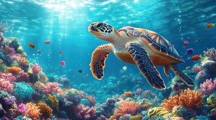 Majestic Sea Turtle Gracefully Navigating Vibrant Coral Reef