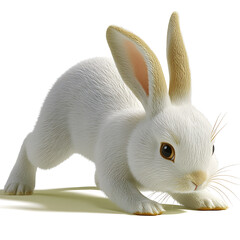 A white, furry bunny crouches low to the ground, ears perked up and ready to spring forward.