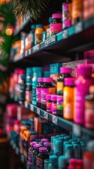 Naklejka premium Colorful vitamin supplements on store shelves