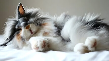 Fluffy calico cat napping peacefully on white sheets, curled paws tucked beneath its chin.