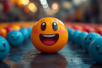 Embracing Joy, An Orange Smiley Face Amongst Tranquil Blue Spheres