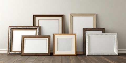 wooden frames on the wall and gold frame isolated on white and open door to the room