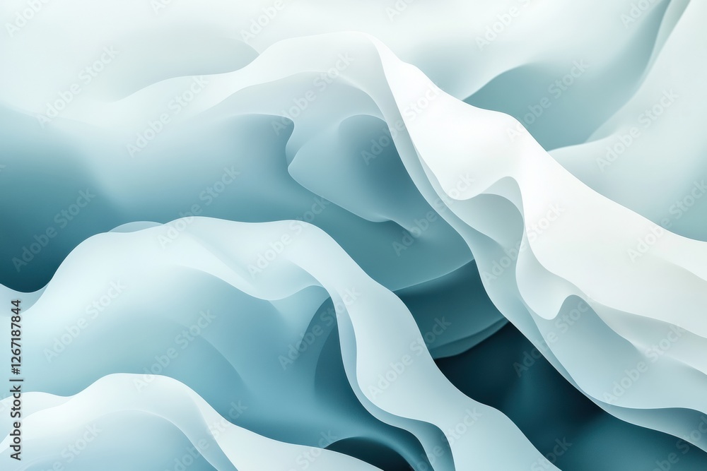 Poster flowing patterns of soft aquamarine and white shades creating an abstract composition with gentle cu