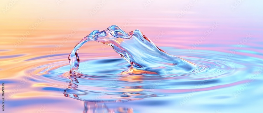Poster water drop splashing into a pool creating ripples with an iridescent colorful abstract background