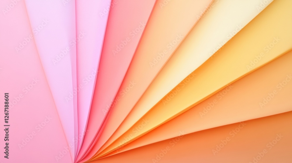 Poster colorful paper sheets arranged in a fan display showcasing various pastel shades of pink and yellow.
