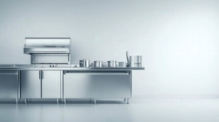 This image showcases a modern kitchen setup featuring stainless steel furniture, a gas stove, and various pots arranged neatly, emphasizing a sleek and professional design.