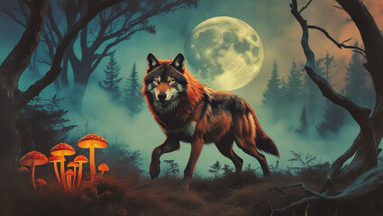 Vintage Earthy Watercolor Wolf Collage – Wilderness-Inspired Brushstroke Art with Moonlit Scenes, Foggy Forest, and Majestic Wolves