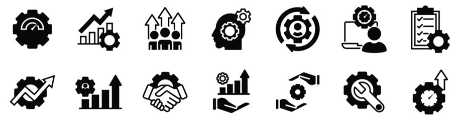 Set of settings and setup icon vector. Containing optimization, improvement, increasing cooperation in business, time management, work speed, maintenance, growth up, list job, development, progress