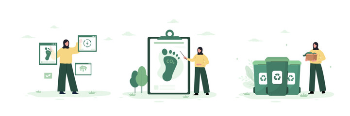 CO2 neutrality. Recycling illustrations set. Reduce, reuse, recycle and zero waste concept. Low carbon and environmental responsibility. Vector in flat cartoon style.