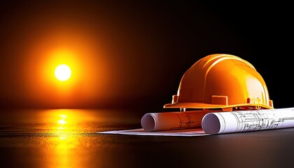 Safety helmet and blueprints under a warm sunset, symbolizing construction and engineering at twilight.