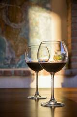 Wine glasses. Red wine produced in Aegean Turkey