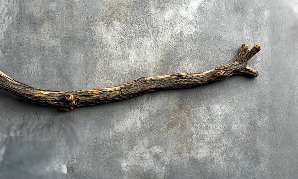 Natural wooden branch on light grey background mockup Rough textured piece of wood or twig for product advertising Eco spa and beauty display Minimal wabi sabi concept Copy space front