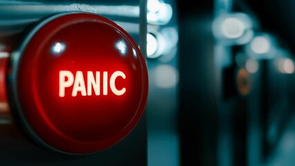 The image shows a closeup of a bright red panic button in an industrial setting, symbolizing an urgent alert