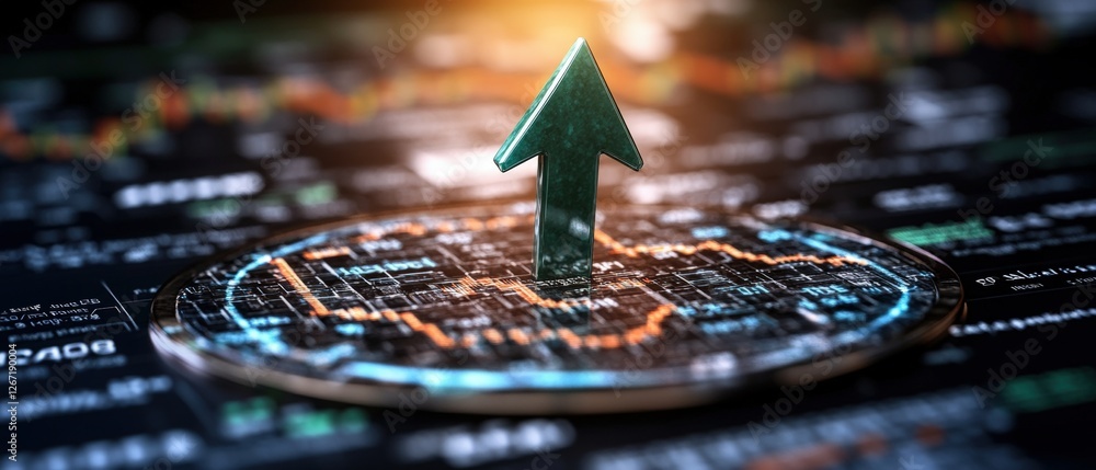 Poster green arrow pointing upward on financial graph chart indicating positive growth and progress in data