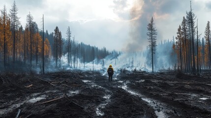 Panoramic View of Smoldering Forest Landscape After Wildfire with Smoke and Burnt Trees