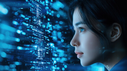 Woman gazes at futuristic digital data with glowing blue light effects