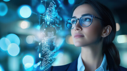 Confident woman in glasses analyzing futuristic digital data in high tech environment
