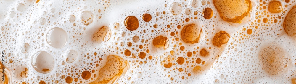 Aufkleber close-up view of foam bubbles on surface of frothy beverage with warm tones and textured background
