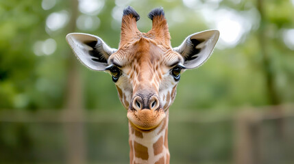 Obraz premium Giraffe portrait, zoo enclosure, blurred background, wildlife photography