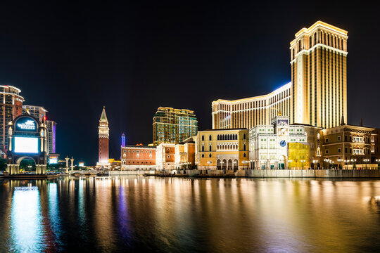 Macau- September 25, 2019: Beautiful night view of Venetian buildings in Cotai, Macau, with beautiful reflections of the majestic buildings in the water, owned by the American Las Vegas Sands company.