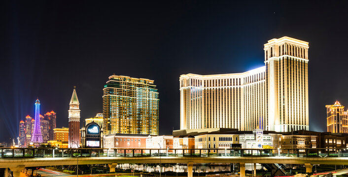 Macau- September 23, 2019: Night view of the Venetian and other luxury hotel and casino resorts in Cotai Strip of Macau, China.