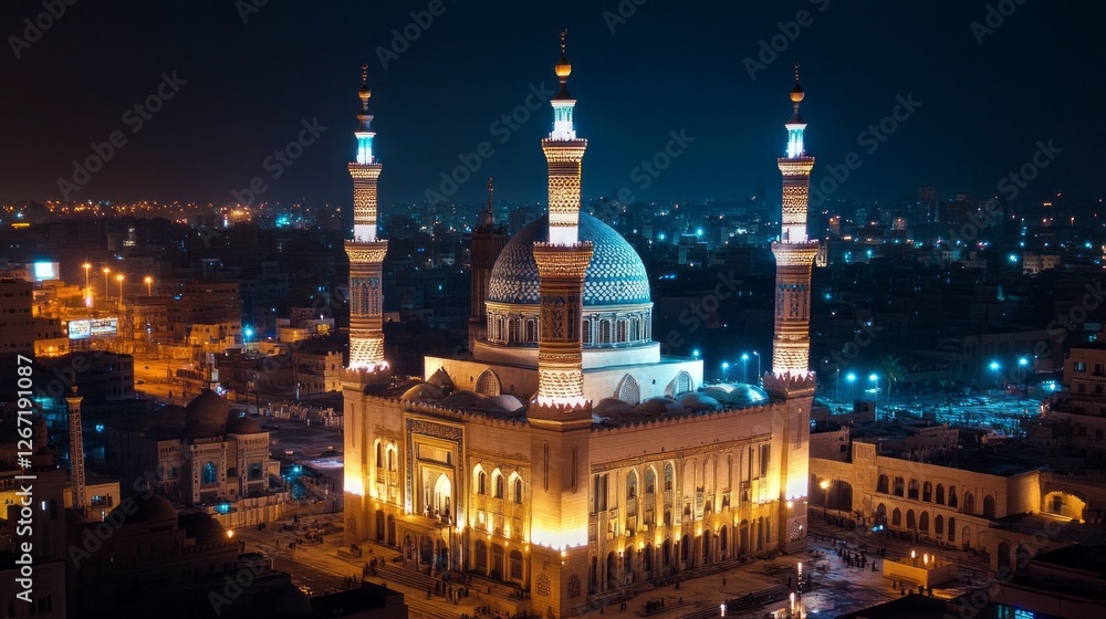 Aufkleber the tranquil glow of a mosque at night captures ramadan's spirit, inviting worshippers for prayers a