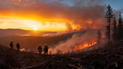 Fototapeta premium Dramatic Panoramic View of Wildfire Engulfing Hillside at Sunset with Firefighters Battling the Flames