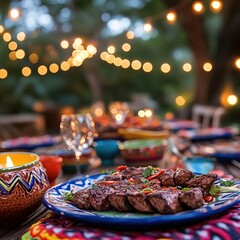 Grilled beef skewers with chili pepper and herb garnish on a vibrant patterned plate outdoor
