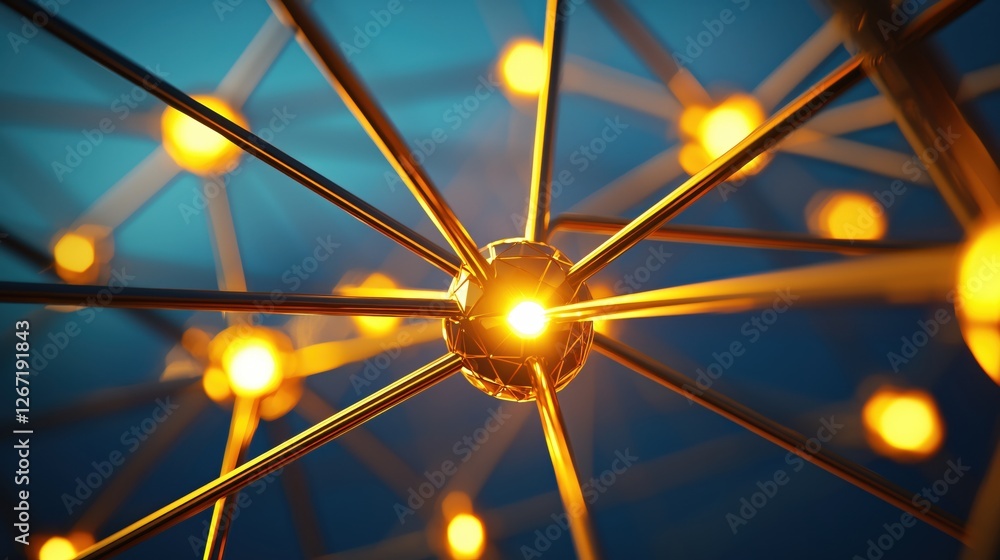 Poster abstract golden sphere network with glowing nodes connecting in a complex structure