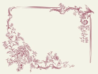 Modern interpretation of the Toile de Jouy style in digital illustration. Card, background, poster of botanical motifs in pastel colors. Line illustration with background.