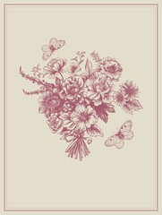 Modern interpretation of the Toile de Jouy style in digital illustration. Card, background, poster of botanical motifs in pastel colors. Line illustration with background.