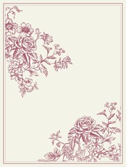 Modern interpretation of the Toile de Jouy style in digital illustration. Card, background, poster of botanical motifs in pastel colors. Line illustration with background.