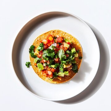 Fresh tostada with vibrant salsa avocado and cilantro on a white plate in bright sunlight