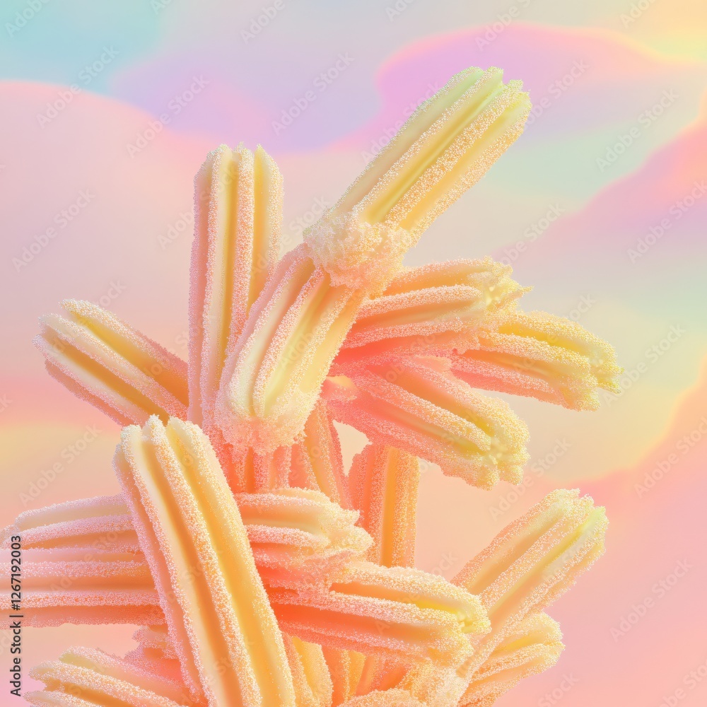 Poster abstract arrangement of yellow and orange objects with a colorful pastel gradient background