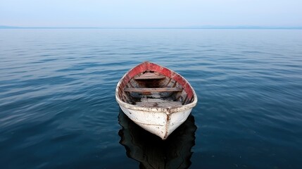 Obraz premium Solitary rowboat on calm lake, distant shore. Peaceful scene for travel brochures