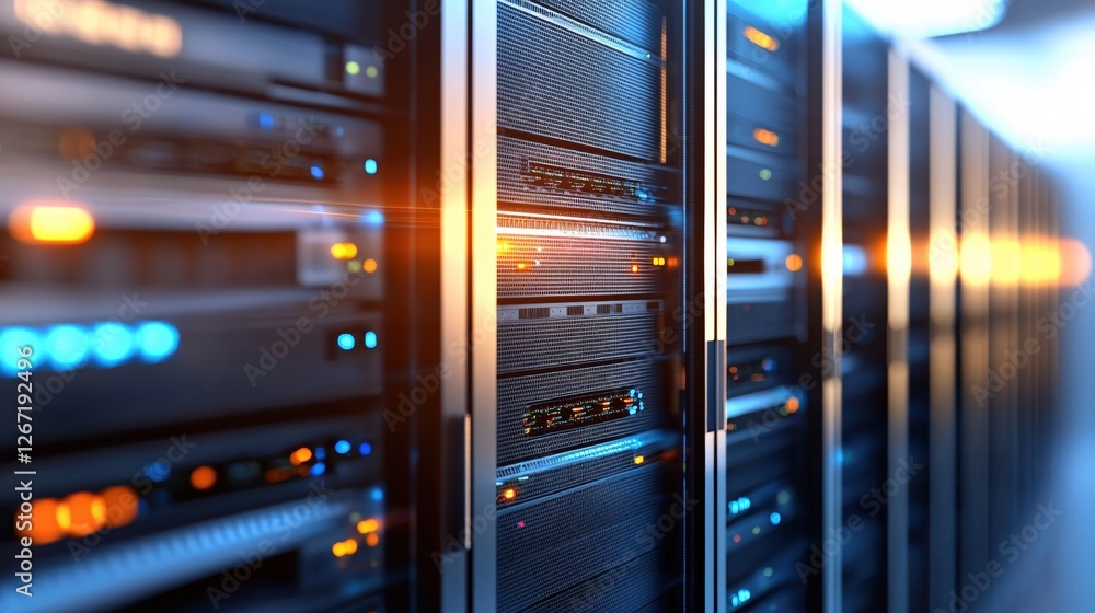 Poster modern data center server racks with glowing lights and network cables in a futuristic design