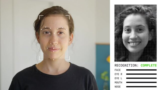Woman looking at camera with face detection and recognition algorithm applied. Female portrait with artificial intelligence  technology matching facial features to photo. Biometrics software process